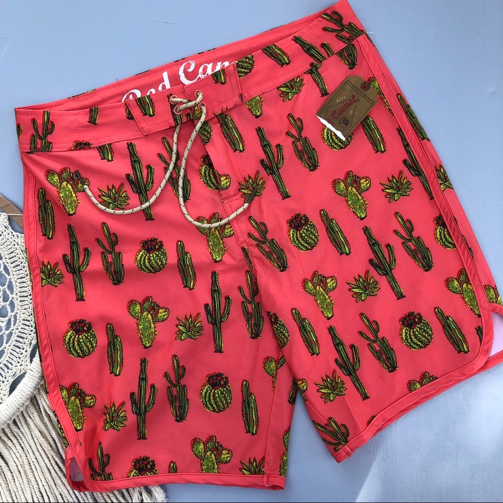 Red camel cactus  board swim shorts